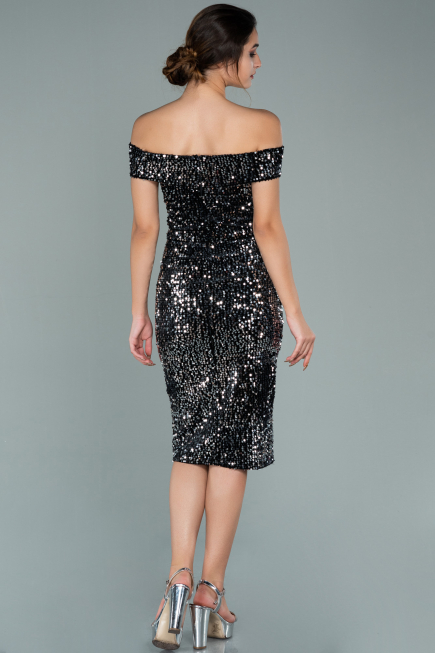 Short Black-Silver Sequined Velvet Invitation Dress ABK1130