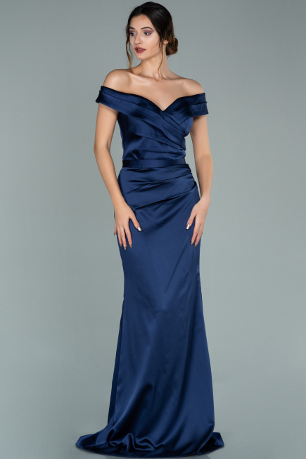 Long Navy Blue Satin Evening Dress ABU1943