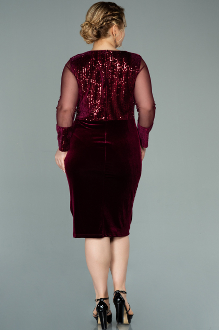 Short Burgundy Sequined Velvet Plus Size Evening Dress ABK1152