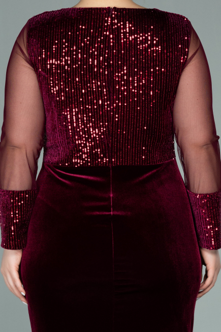 Short Burgundy Sequined Velvet Plus Size Evening Dress ABK1152