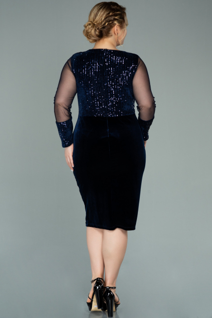 Short Navy Blue Sequined Velvet Plus Size Evening Dress ABK1152