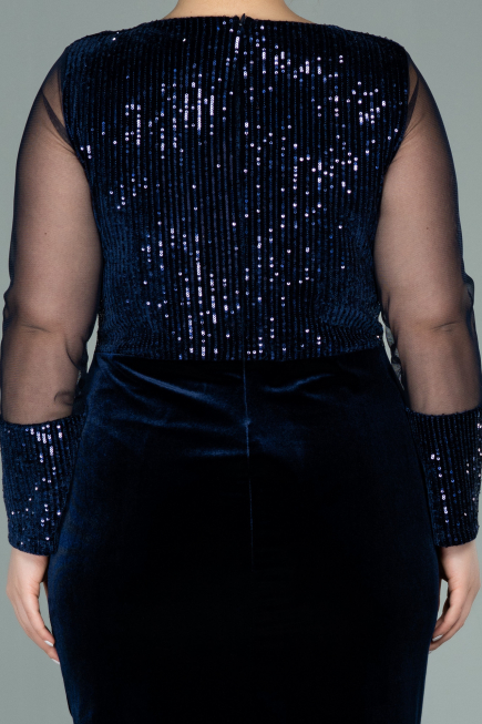 Short Navy Blue Sequined Velvet Plus Size Evening Dress ABK1152
