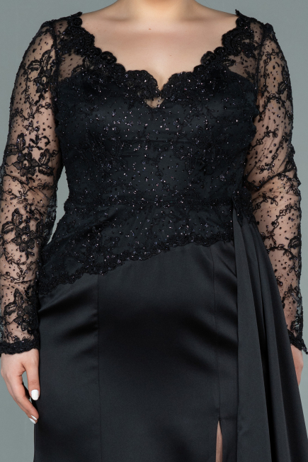 Long Black Satin Plus Size Evening Dress ABU2204