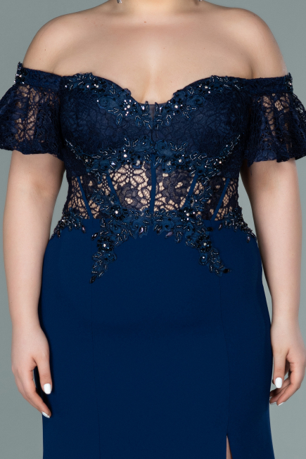Long Navy Blue Dantelle Oversized Evening Dress ABU2248