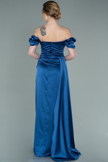 Grey-Indigo Long Satin Engagement Dress ABU1606
