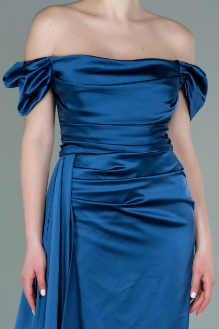 Grey-Indigo Long Satin Engagement Dress ABU1606