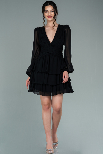 Mini Black Chiffon Invitation Dress ABK1366