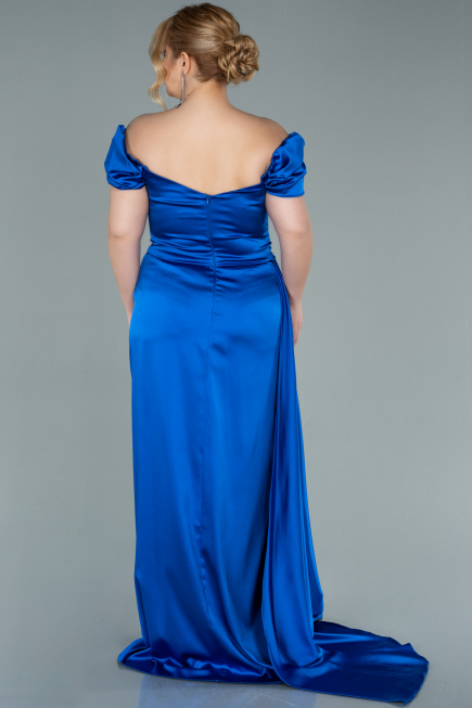 Sax Blue Long Satin Plus Size Evening Dress ABU1626