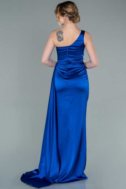 Sax Blue Long Satin Evening Dress ABU2028