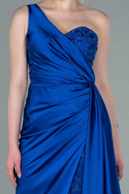 Sax Blue Long Satin Evening Dress ABU2028