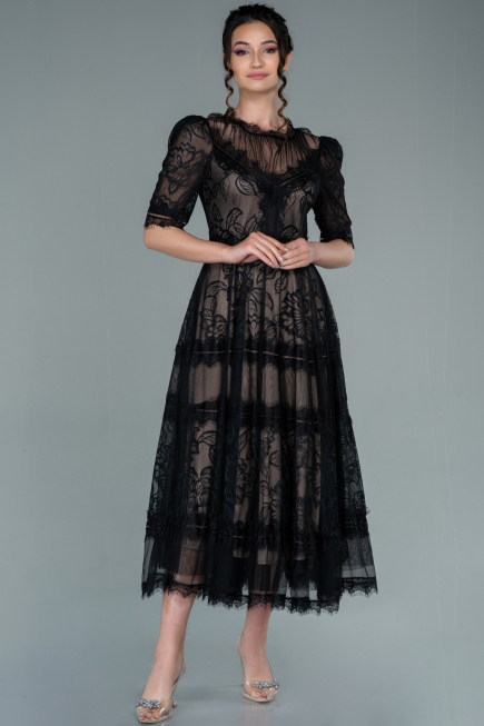 Midi Black Dantelle Night Dress ABK1388