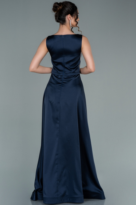 Long Navy Blue Satin Prom Gown ABU2350