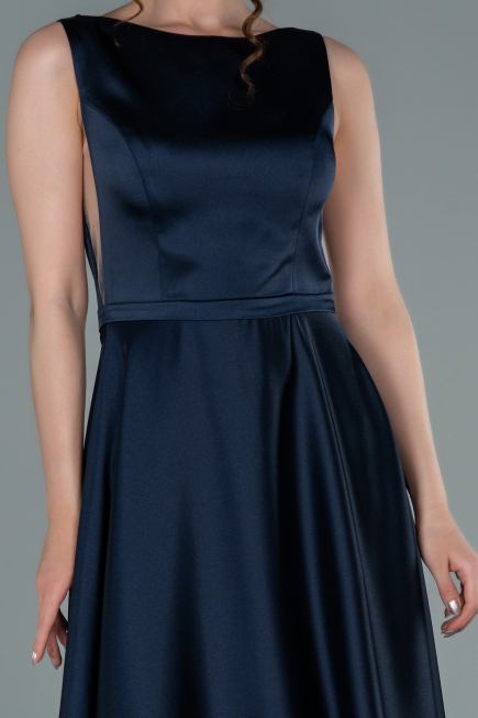 Long Navy Blue Satin Prom Gown ABU2350