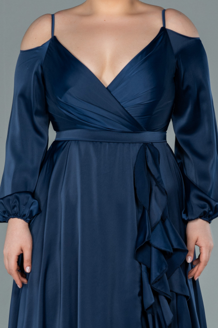 Long Navy Blue Satin Plus Size Evening Dress ABU2358
