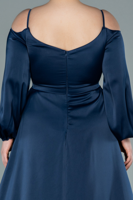 Long Navy Blue Satin Plus Size Evening Dress ABU2358