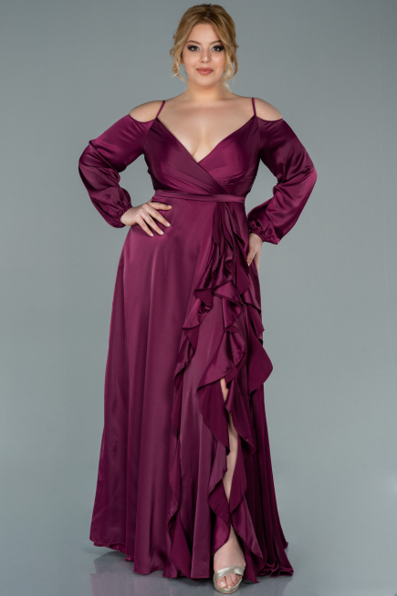 Long Cherry Colored Satin Plus Size Evening Dress ABU2358