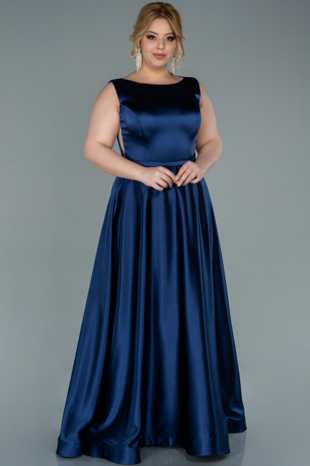 Long Navy Blue Satin Prom Gown ABU2350