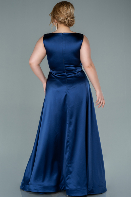 Long Navy Blue Satin Prom Gown ABU2350