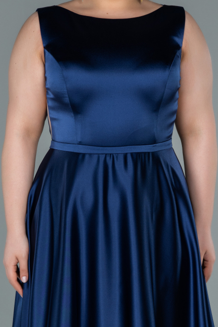 Long Navy Blue Satin Prom Gown ABU2350