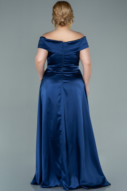 Long Navy Blue Satin Plus Size Evening Dress ABU2355