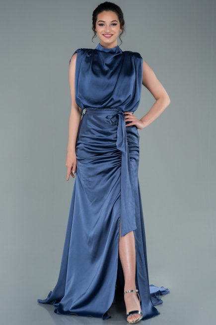 Grey-Indigo Long Satin Evening Dress ABU2133