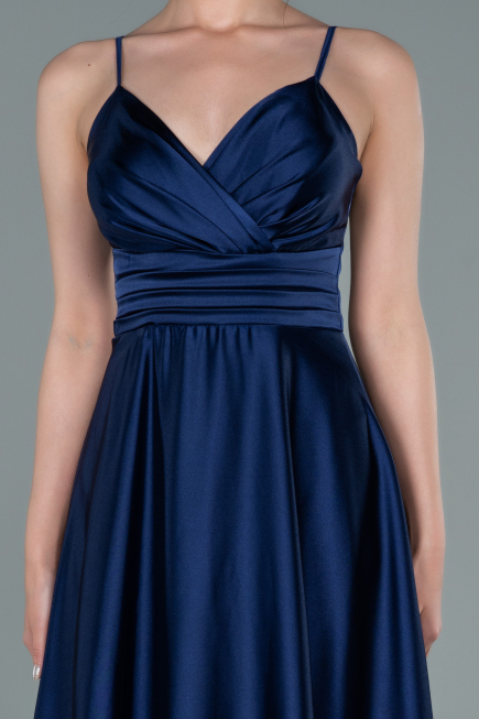 Long Navy Blue Satin Prom Gown ABU2375