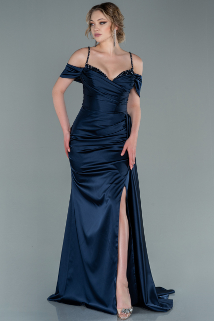 Long Navy Blue Satin Evening Dress ABU2379