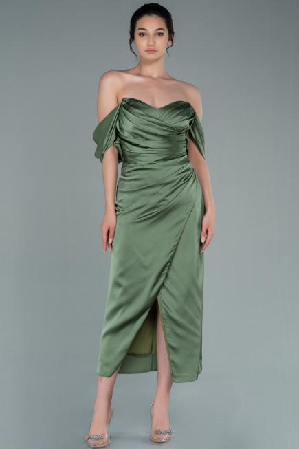 Midi Olive Drab Satin Invitation Dress ABK1404