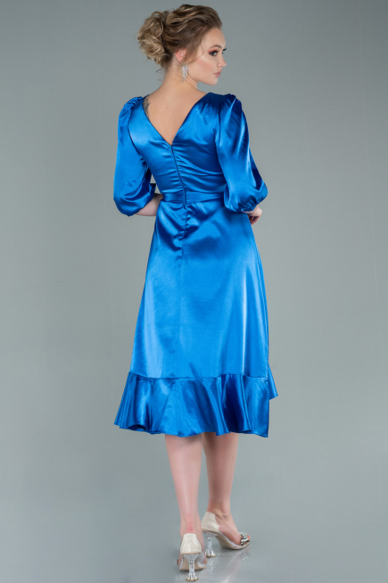 Midi Sax Blue Satin Invitation Dress ABK1409