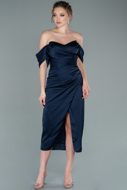 Midi Navy Blue Satin Invitation Dress ABK1404