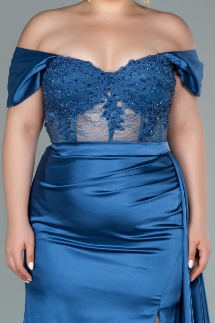 Long Indigo Satin Plus Size Evening Dress ABU2371