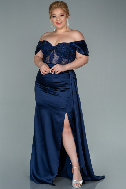 Long Navy Blue Satin Plus Size Evening Dress ABU2371