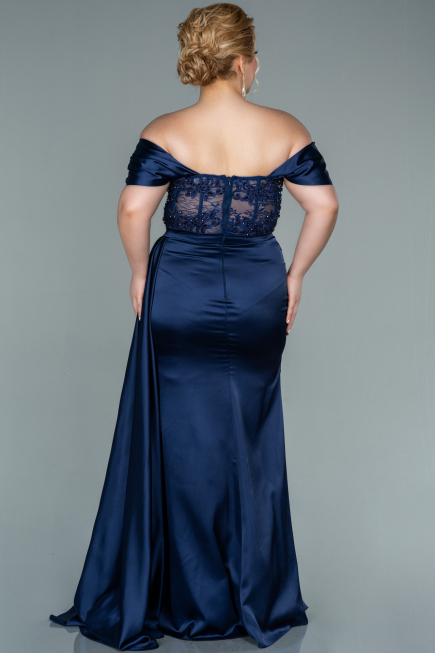 Long Navy Blue Satin Plus Size Evening Dress ABU2371