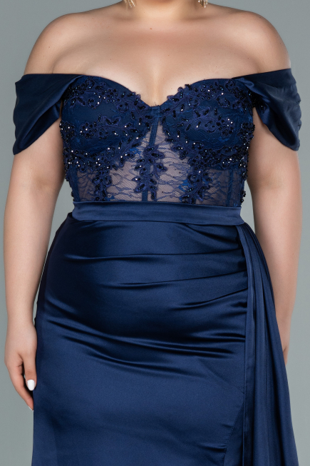 Long Navy Blue Satin Plus Size Evening Dress ABU2371