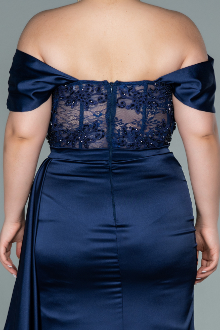 Long Navy Blue Satin Plus Size Evening Dress ABU2371