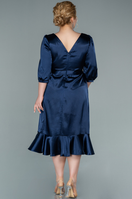 Midi Navy Blue Satin Plus Size Evening Dress ABK1410