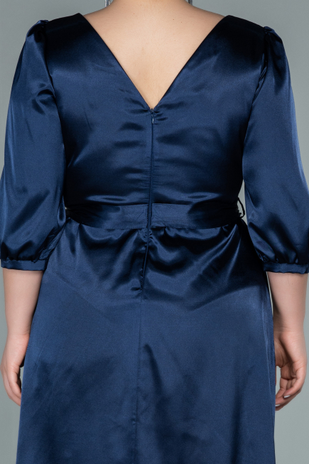 Midi Navy Blue Satin Plus Size Evening Dress ABK1410