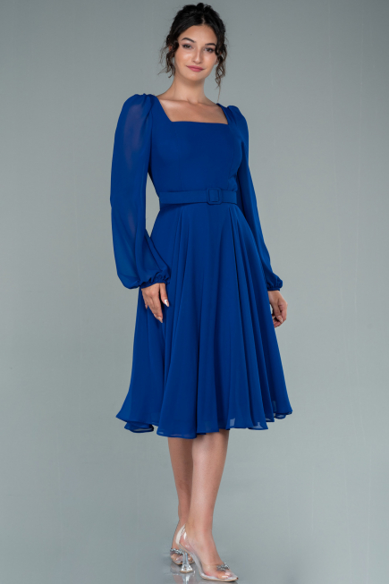 Midi Sax Blue Chiffon Invitation Dress ABK1441
