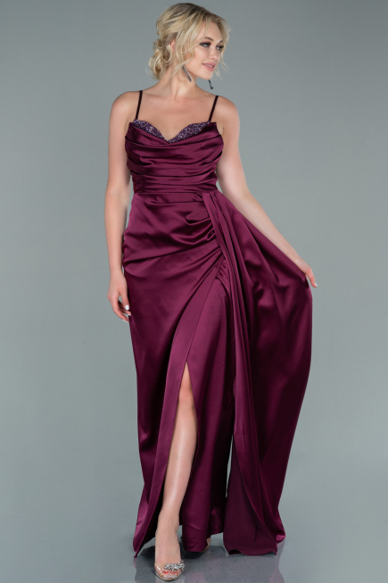 Long Cherry Colored Satin Evening Dress ABU2477