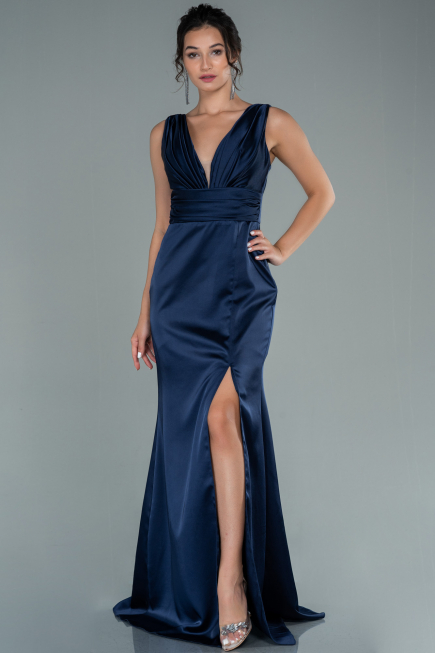 Long Navy Blue Satin Prom Gown ABU2479