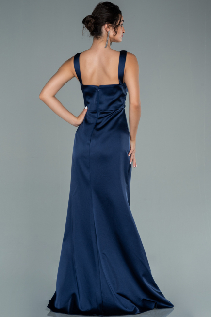 Long Navy Blue Satin Prom Gown ABU2479