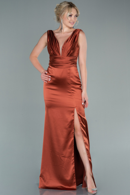 Long Light Brown Satin Prom Gown ABU2479