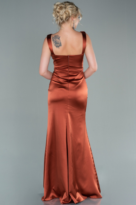 Long Light Brown Satin Prom Gown ABU2479