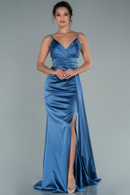 Long Indigo Satin Engagement Dress ABU2495
