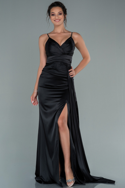 Long Black Satin Engagement Dress ABU2495