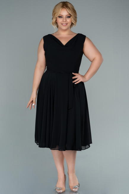 Midi Black Chiffon Plus Size Evening Dress ABK1467