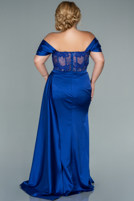 Sax Blue Long Satin Plus Size Evening Dress ABU2371