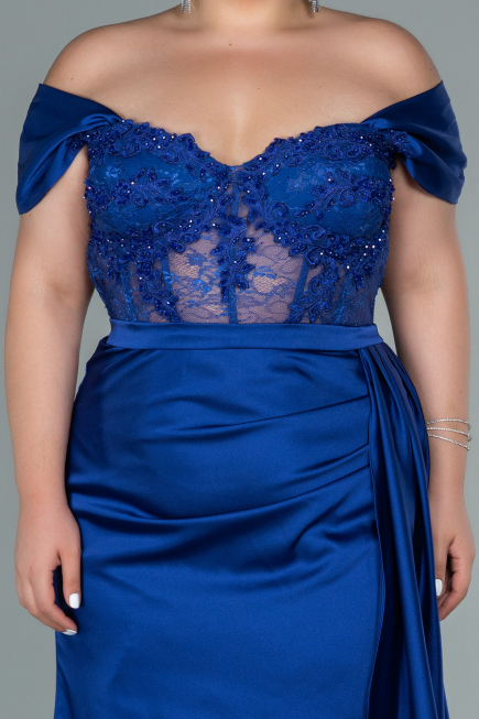 Sax Blue Long Satin Plus Size Evening Dress ABU2371