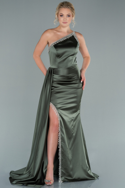 Long Olive Drab Satin Evening Dress ABU2386