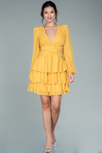 Yellow Mini Chiffon Invitation Dress ABK171